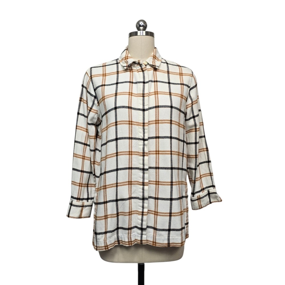 Madewell Sunday Flannel Shirt Womens Size XS Cream Black Brown Plaid Button Down
